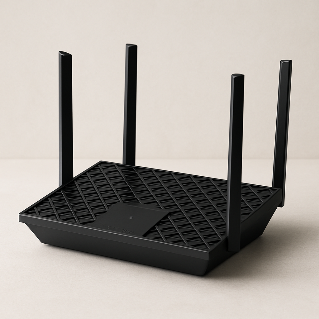 Roteador TP‑Link Archer AX72 (AX5400) colocado em área central de residência, com representação das ondas de sinal e dispositivos conectados por Wi‑Fi e cabo.