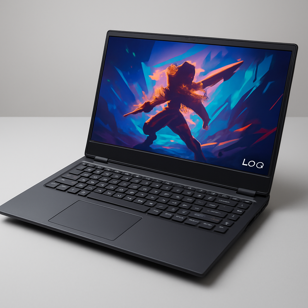 Notebook Lenovo LOQ 15IRX9 (83KH000MBR) aberto em ângulo lateral mostrando teclado e tela