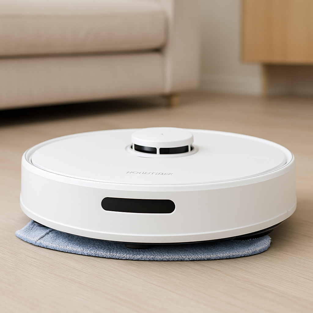 Roborock Saros 10R visto em ângulo 3/4 sobre piso, imagem principal do produto.