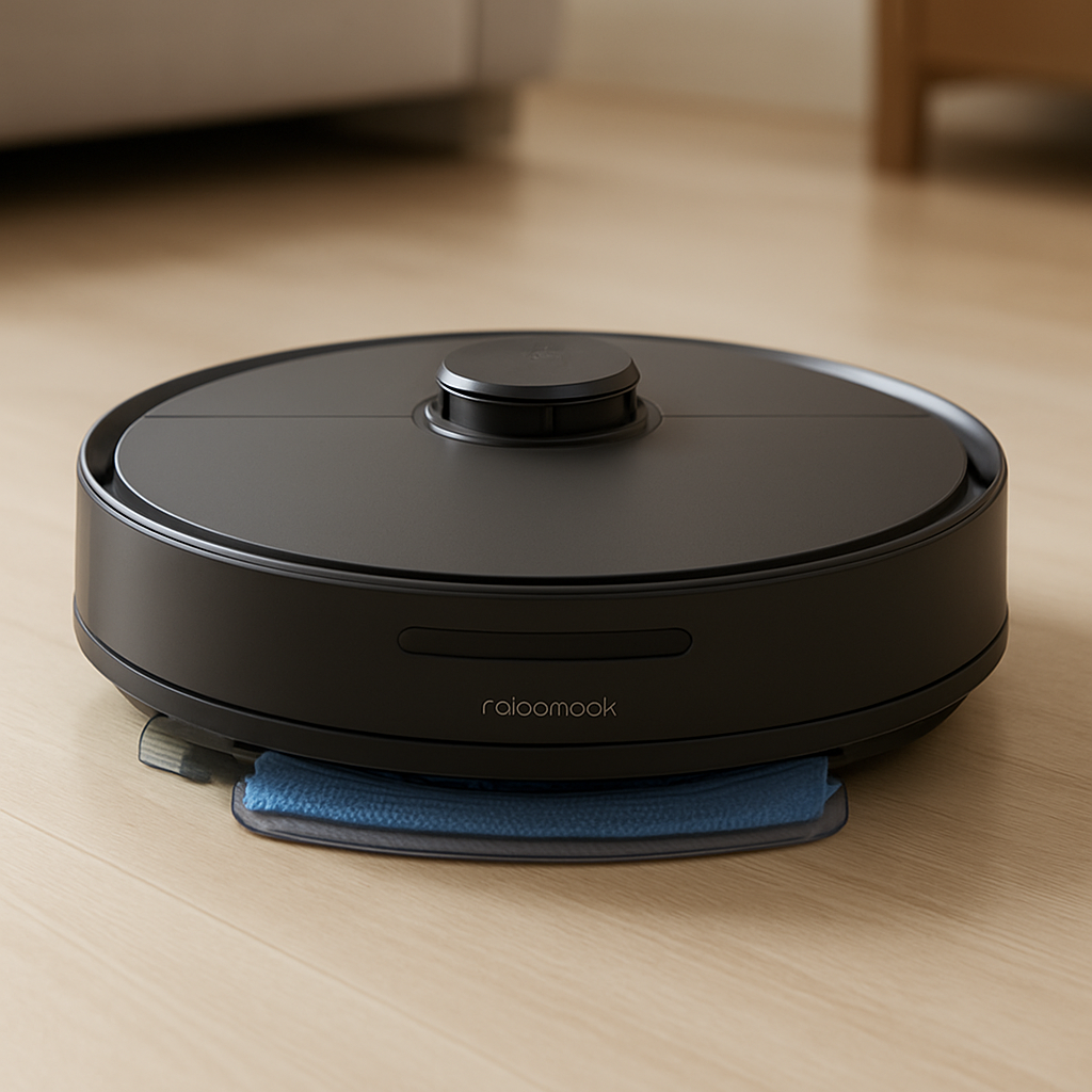 Roborock Saros 10R operando em ambiente doméstico sobre piso duro, ilustrando uso combinado de aspiração e mopping.