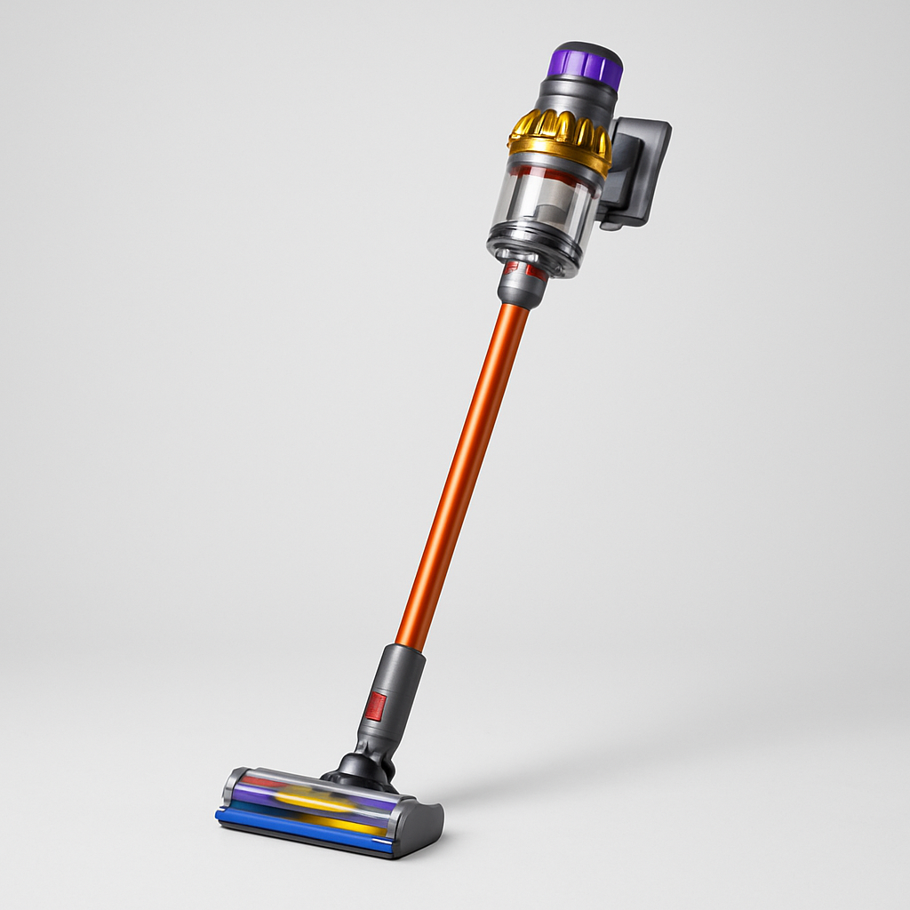 Laser verde do Dyson V15 Detect evidenciando poeira em piso duro