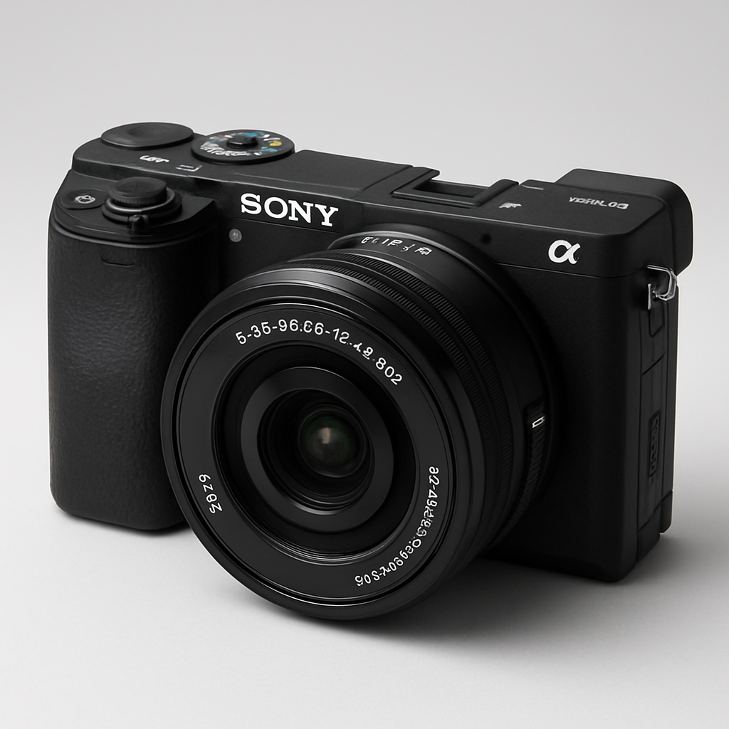 Sony Alpha A6400 com lente 16–50 mm em vista 3/4 frontal, mostrando o kit completo.