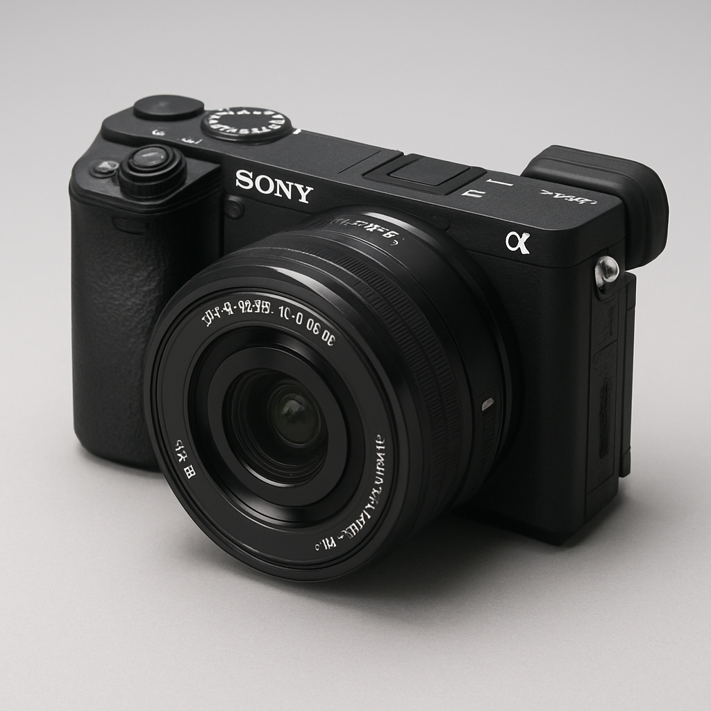 Close da junção da lente 16–50 mm com o corpo da Sony A6400, destacando a lente do kit.