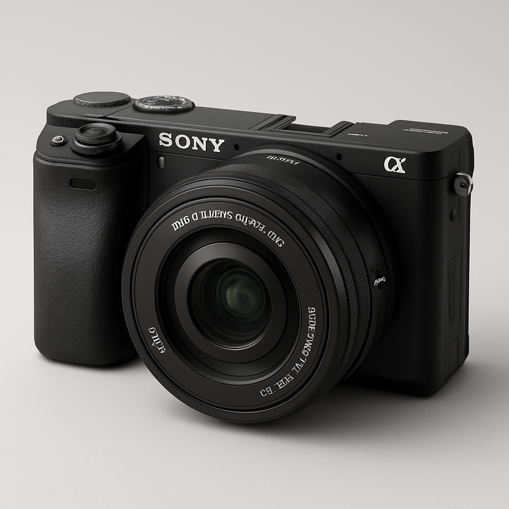 Sony A6400 com lente 16–50 mm em contexto de uso editorial, mostrando a câmera em uma mesa de trabalho pronta para gravação/vídeo.