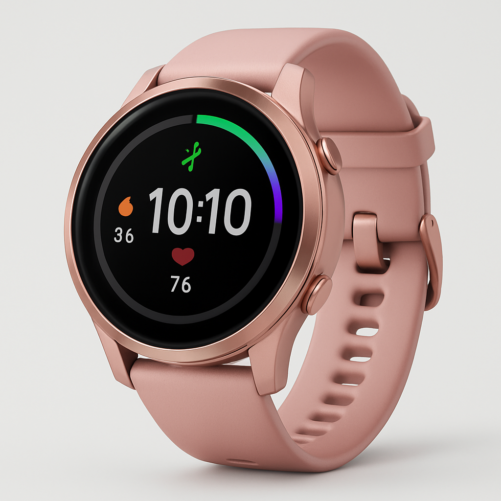 Garmin Vivoactive 6 43 mm Rosa Metálico vista frontal com tela AMOLED ligada.