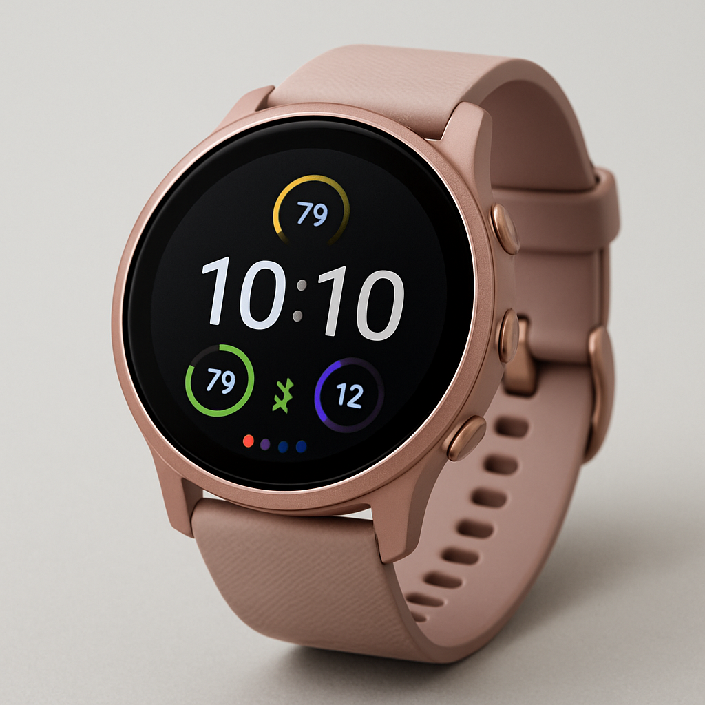 Detalhe dos sensores ópticos e acabamento do Garmin Vivoactive 6 43 mm Rosa Metálico.