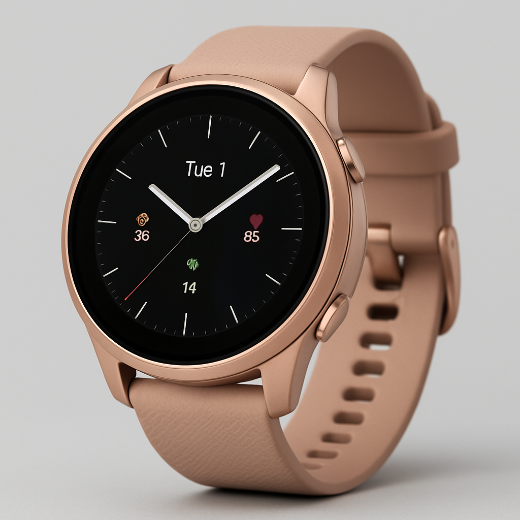 Garmin Vivoactive 6 43 mm Rosa Metálico no pulso durante corrida leve, com smartphone mostrando Garmin Connect.