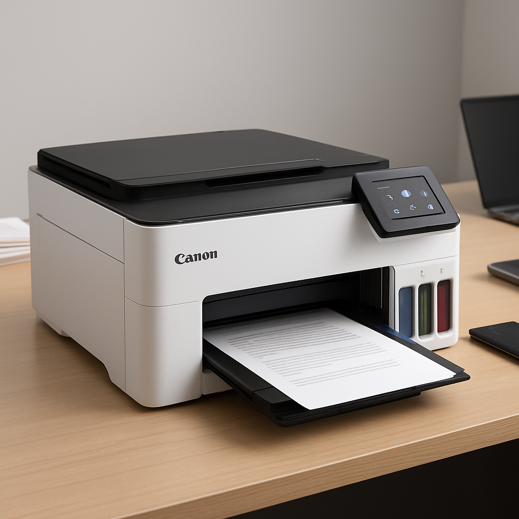 Impressora multifuncional Canon MegaTank GX7110 vista frontal em ângulo 3/4, com tanques MegaTank visíveis.
