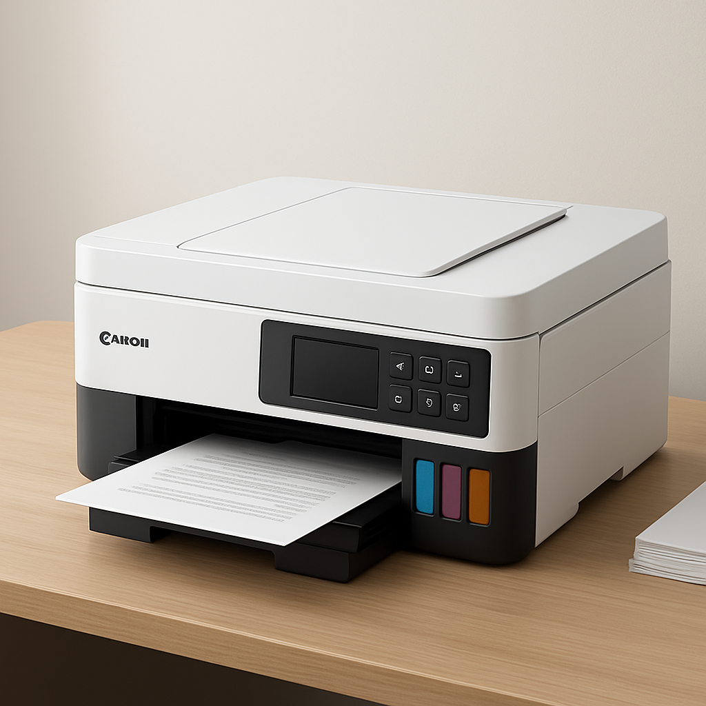 Canon MegaTank GX7110 em mesa de escritório imprimindo documentos, em contexto de small office/home office.