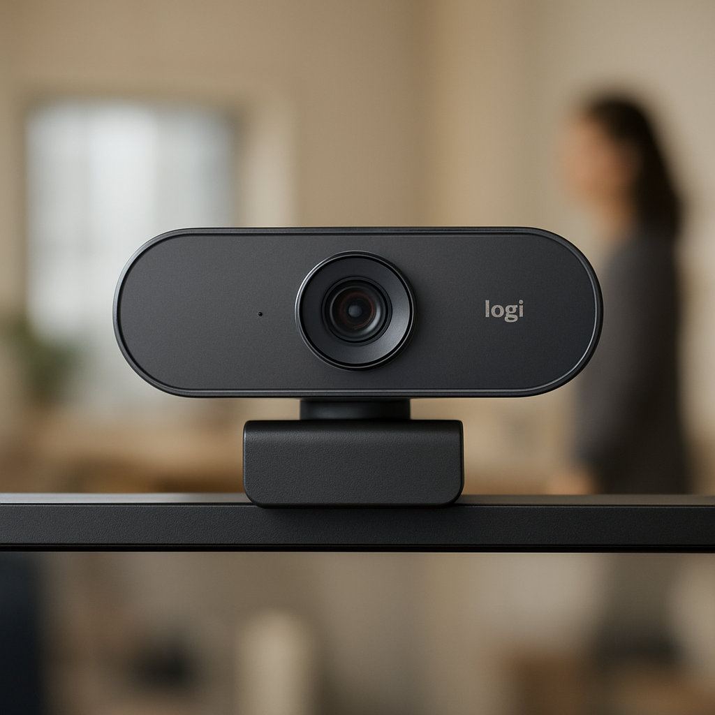 Logitech MX Brio 705 sobre monitor em ambiente de escritório