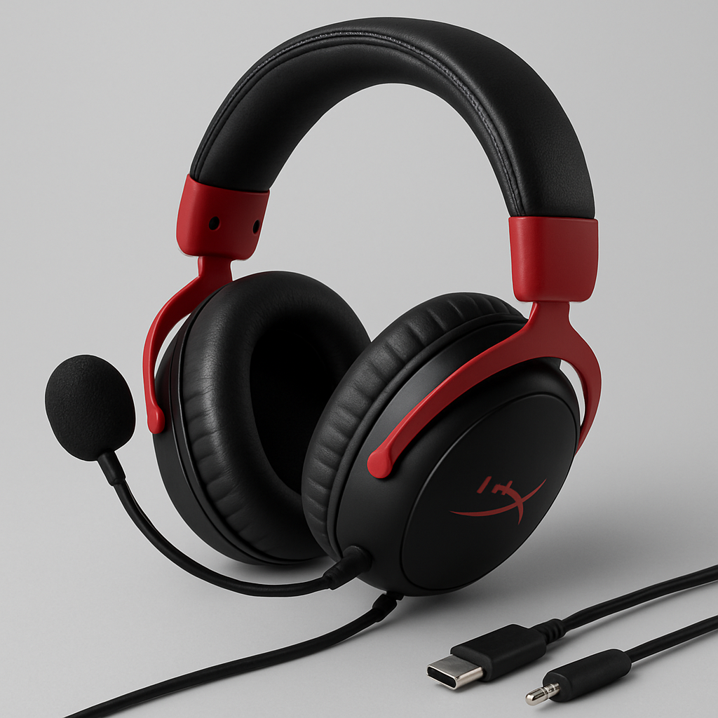 Conectores USB-C, USB-A e 3,5 mm do HyperX Cloud III dispostos lado a lado, com o headset em contexto de uso.