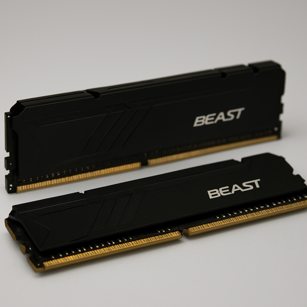 Close-up do módulo Kingston Fury Beast Black com dissipador preto