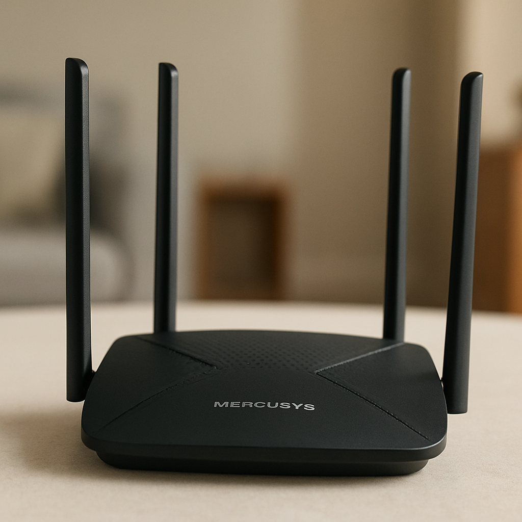 Mercusys MR80X com quatro antenas externas — roteador Wi‑Fi 6 AX3000