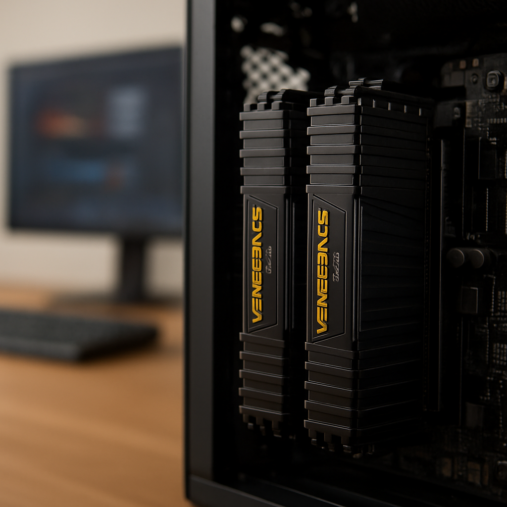 Módulos Corsair Vengeance LPX 2x16GB visíveis instalados em um desktop, contexto de uso para edição e jogos