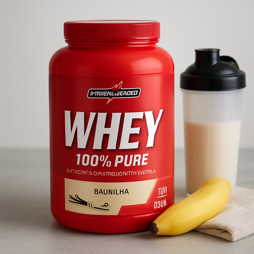 Pote do Integralmédica Whey 100% Pure 900 g sabor Baunilha em bancada com shaker e elementos de treino, ilustrando uso pós-treino.